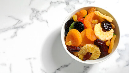 Bowl of assorted dried fruits on white marble table, including apricots, prunes, and pineapple, creating vibrant and healthy snack