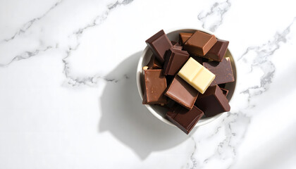 Bowl of assorted chocolate pieces sits on white marble table, bathed in natural light