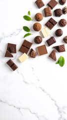 Assorted chocolates and truffles on white marble table with mint leaves, creating delightful and elegant presentation