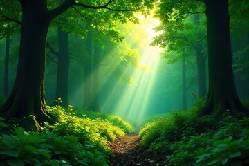 Obraz premium Sunbeams Dance Through Lush Forest Canopy, Illuminating Tranquil Forest Floor
