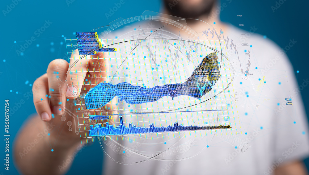 Poster a businessman interacts with a holographic display showing various data charts and graphs, illustrat