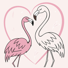 Romantic Flamingo Couple Vector – Cute Love Illustration with Heart Background in Flat Style