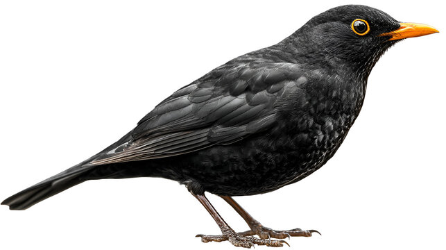 Blackbird profile view striking dark plumage vibrant orange beak
