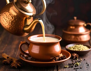 A copper kettle pouring masala chai into a clay cup, macro product shot, steam rising and spices scattered nearby, dark rustic background