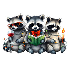 Cute cartoon racoons sitting reading drinking wine and holding a candle xmas illustration isolated background