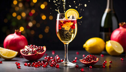 A sparkling with pomegranate molasses and a splash of Champagne, garnished with fresh pomegranate seeds and a lemon twist