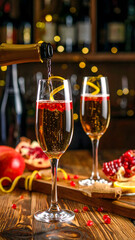 A sparkling with pomegranate molasses and a splash of Champagne, garnished with fresh pomegranate seeds and a lemon twist