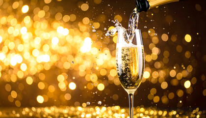 Sparkling splash of champagne fills glass against golden bokeh background, creating festive and celebratory atmosphere