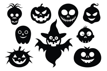 Halloween silhouette icons with spooky pumpkin and ghost faces