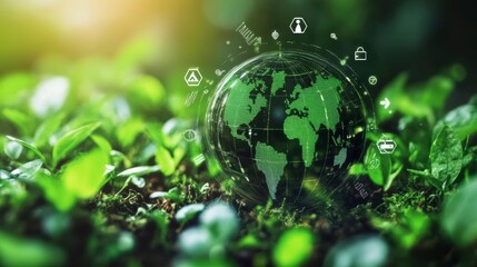 Earth globe with green leaves and technology icons, representing sustainability and environmental protection.