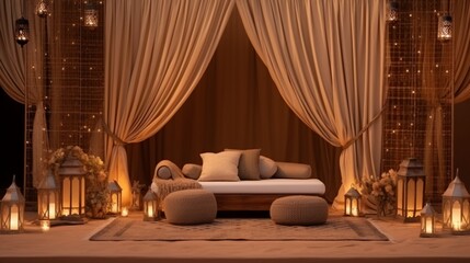 Elegant, warm-toned event space with soft lighting and draped fabrics