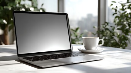 Laptop computer sits on a table near a window in a modern home office during the day