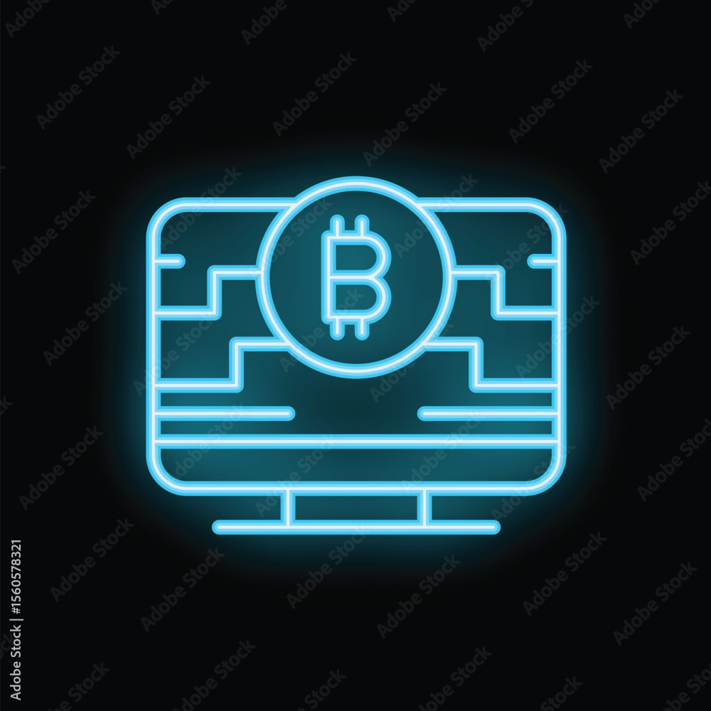 Poster neon blue icon of a computer screen showing a bitcoin symbol on a circuit board background represent