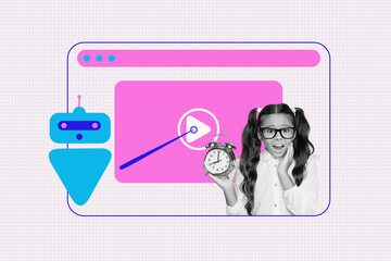 Composite 3d art pop image collage of puzzled schoolgirl hold alarm clock robot teacher show pointer video tab play button
