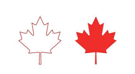 Two maple leaves, one red and one outlined, isolated on white background, representing canada and its national symbol