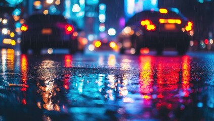 City street at night, rain, puddles reflecting lights