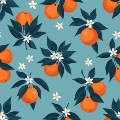 Gardinen Küche Muster  A seamless pattern of oranges with leaves and blossoms creates a fresh, tropical fruit design on a blue background  © StockX