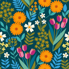 A seamless floral pattern with colorful flowers and leaves on a dark teal background creates a vintage botanical design