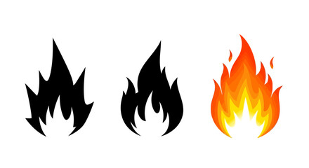 Three stylized flame illustrations, one in black silhouette and one in vibrant orange and yellow, isolated on white background