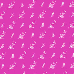 Hand drawn Christmas repeating pattern. A twig of a coniferous tree and a branch with a berry at the end. Hand drawn pattern. Christmas background. White pattern on a purple background.