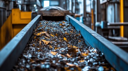 Metal shavings on conveyor belt in industrial factory. (1)
