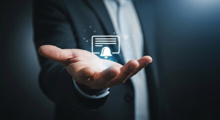 businessman touching virtual notification screen