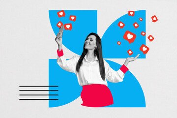 Composite zine pop trend collage of happy girl blogger hold phone take selfie heart like...