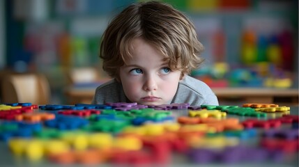 Child focusing intently on puzzle pieces in a colorful classroom