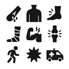 Injury Icons Grid. Solid, filled icon set of physical injury signs: bleeding wound, bruised body, sprained ankle, cast on leg,