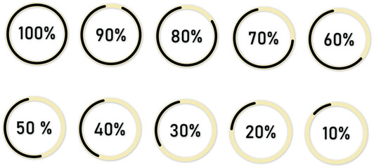 circular progress percentage indicators from 10% to 100%  infographic loading rings for data, chart, report, dashboard, ui design, presentation, analytics