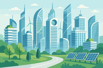Futuristic city vector illustration with modern skyscrapers and green energy. Eco-friendly urban landscape with solar panels, wind turbines. Sustainable smart city concept background.