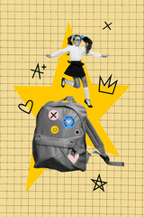 3d vertical art collage of happy schoolgirl jump backpack school supply september season nerd...