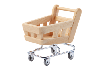 Small wooden shopping cart on white background.  Perfect for retail, shopping, and ecommerce concepts.