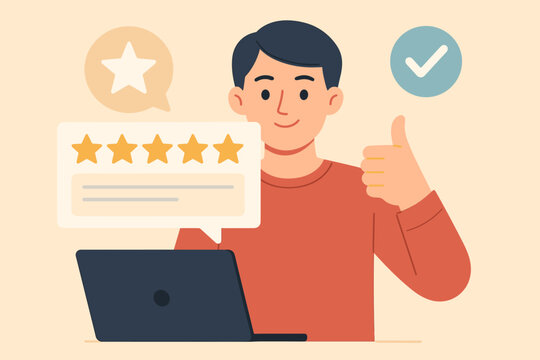 Man giving positive customer review online. Client feedback with 5 star rating. Happy user satisfaction concept. Thumbs up approval. Testimonial on laptop vector cartoon illustration.