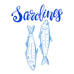 Poster with two sardines illustrated in blue color with a whimsical hand lettering