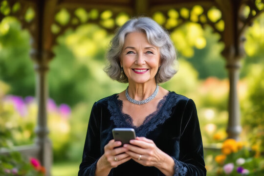 A smiling senior woman with silver hair, dressed in black velvet, holds a smartphone in a garden gazebo.