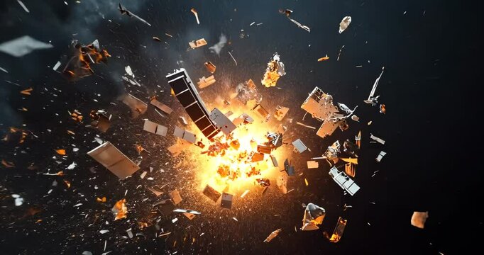 An object explodes in space, scattering debris and fire everywhere.