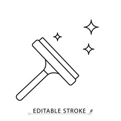 A squeegee icon in minimalist style with editable stroke. Window cleaning tool, glass scraper, household hygiene item, sanitation equipment, surface care, outline object, vector line illustration.