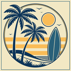 Tropical Beach Scene with Palm Trees and Surfboard Under the Sun
