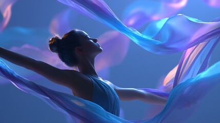 young girl performing rhythmic ribbon gymnastics in dreamy graceful motion scene