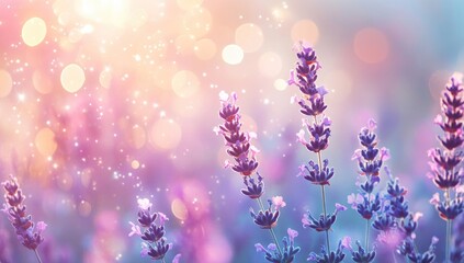 Obraz premium Lavender field bathed in soft, pastel light, with sparkling bokeh