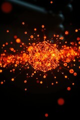 An orange glowing polyhedron floats amid scattered connected orbs against a dark backdrop