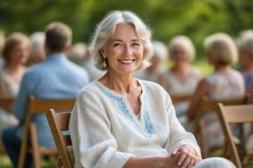A smiling, mature woman with silver hair sits in a wooden chair, gazing directly at the camera amidst a blurred background of people.
