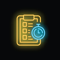 Neon icon of a clipboard with a checklist and a stopwatch, symbolizing the concept of time management and task completion