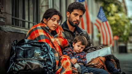 A young Hispanic refugee woman and a young Hispanic refugee man sit on the street with a child. They are wrapped in a blanket, surrounded by backpacks and American flags in the background.