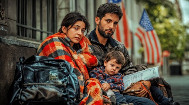 A young Hispanic refugee woman and a young Hispanic refugee man sit on the street with a child. They are wrapped in a blanket, surrounded by backpacks and American flags in the background.