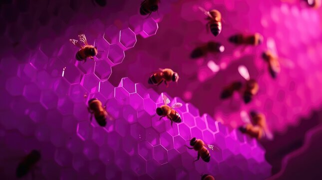 Bees on a pink honeycomb with hexagonal cells illuminated creating a dynamic scene