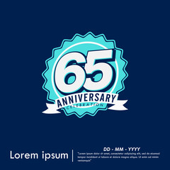65th years anniversary celebration emblem. congratulation anniversary blue medal logo isolated with ribbon on blue background. vector illustration template design for web banner	