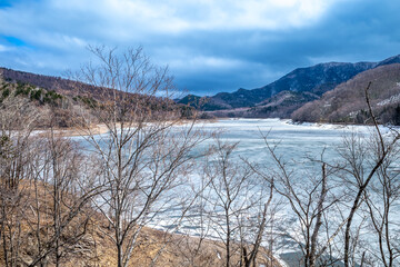 View from local road around Kanayama lake in Furano, Hokkaido, Japan, in late winter season