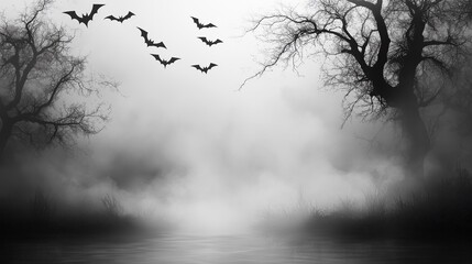Obraz premium Eerie Monochrome Halloween Landscape: Bats Soaring Above a Foggy, Misty Forest and Lake